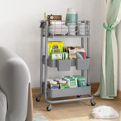 KINGRACK 3 Tier Metal Rolling Cart, Kitchen Organizers and Storage, Slim Storage Cart on Wheels, Laundry Room Organization, Diaper Cart Shelving Unit for Bathroom, Office, Bedroom, Grey