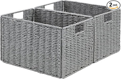 Vagusicc Wicker Storage Basket, Set of 2 Hand-Woven Paper Rope Wicker Basket, Small Storage Baskets for Organizing Toilet Paper Basket, Foldable Large Cube Storage Organizer Bins for Shelves (Grey)