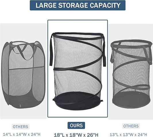 Seiritex Mesh Popup Laundry Hamper 115L Foldable Laundry Basket Extra Large Capacity Collapsible Clothing Storage Basket with Handles 26 H x 18 W x 18 L (Black)