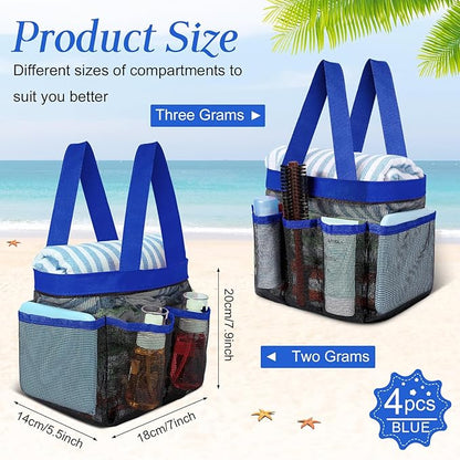 Hillban 4 Pcs Mesh Shower Caddy Portable Shower Caddy for Dorm Beach Mesh Bags with Deeper 8 Pockets and Handles Showers Caddies Basket for Women College Room Vacation(Blue)