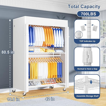 ULIFHOME P8C Pro Heavy Duty Clothes Rack（With Extended Width Design） Rolling Clothing Racks for Hanging Clothes with Lockable Wheels，42" W x 15.8" D x 80.5" H，Load 700LBS，White Rack with White Cover