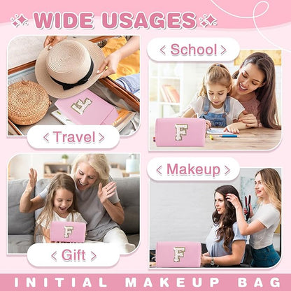 Small Personalized Initial A-Z Patch Makeup Bag,Pink Cute PU Leather Glitter Letter Cosmetic Bag for Teen Girls,Travel Toiletry Bag with Zipper,Preppy Monogrammed Birthday Gift for Daughter Niece F