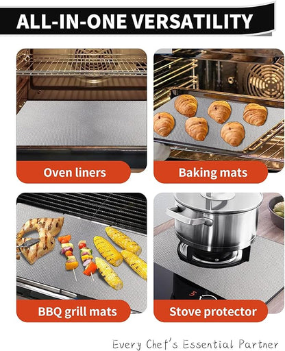 Oven Liners for Bottom of Oven - 4 Pack Large Heavy Duty Oven Mats, 17"x 25" Reusable Matt Liner for Electric, Gas, Toaster Ovens & Grills, BPA & PFOA Free, Kitchen Essentials, Silver