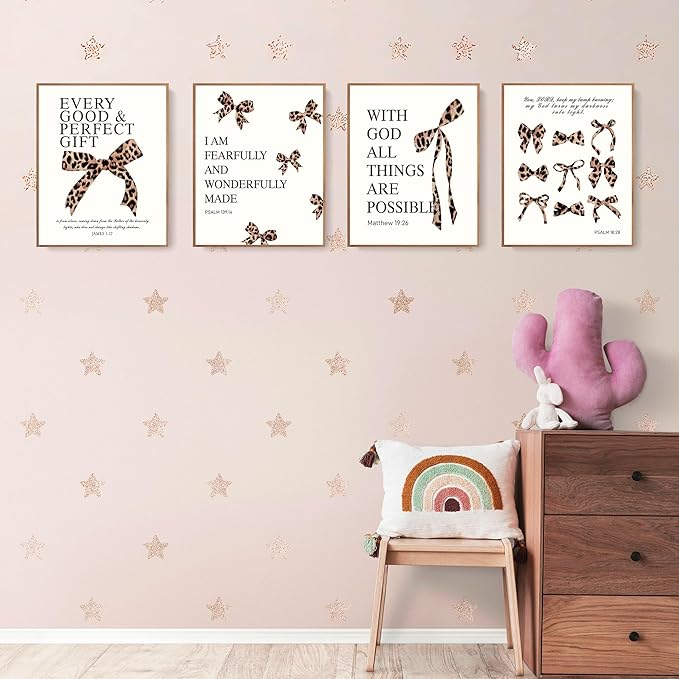 LARTSFRO Coquette Leopard Bow Wall Art Decor Posters, Y2K Cheetah Leopard Bow Room Bedroom Bathroom Dorm Wall Art Decor Aesthetic for College Teen Girls Gifts, Inspirational Bible Verses Bow Wall Decor, 10x8 Inch Set of 4 Pcs Cheetah Bow Pictures (UNFR...