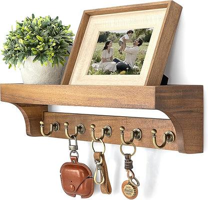 Rebee Vision Acacia Wood Farmhouse Key Holder Wall Mount for Room Decor – Retro Key Holder for Wall with Shelf for Cute Things– Stylish Home Storage for Apartment Essentials (Acacia Wood)