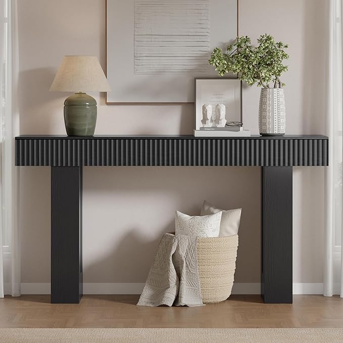 63-Inch Long Entryway Console Table with a Fluted Design, Thick Wood Farmhouse Sofa Table Behind Couch, Narrow Hallway Accent Table for Living Room, Foyer, Entrance, Modern Black