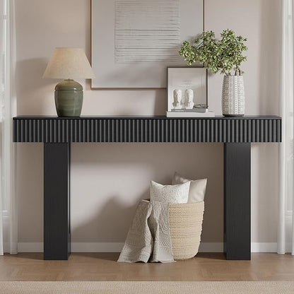 63-Inch Long Entryway Console Table with a Fluted Design, Thick Wood Farmhouse Sofa Table Behind Couch, Narrow Hallway Accent Table for Living Room, Foyer, Entrance, Modern Black