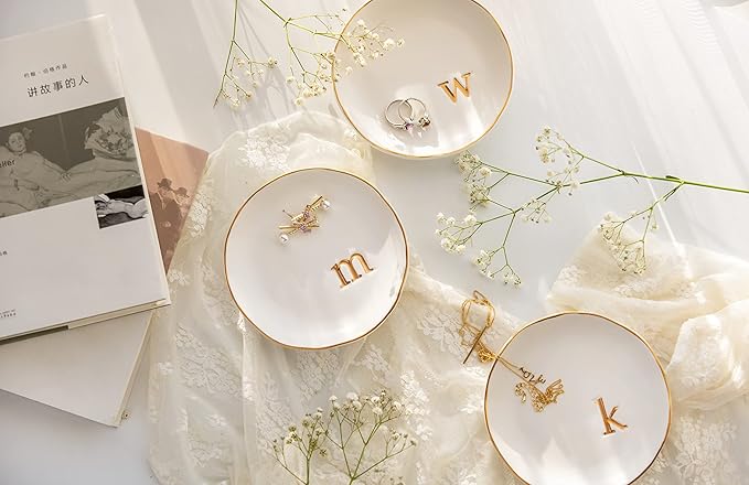 COLLECTIVE HOME - Ceramic Jewelry Tray, Decorative Trinket Dish for Rings Earrings Necklaces Bracelet Watch Keys, Birthday Mother's Day Christmas Gift for Women, 4.75", White Surface (F)