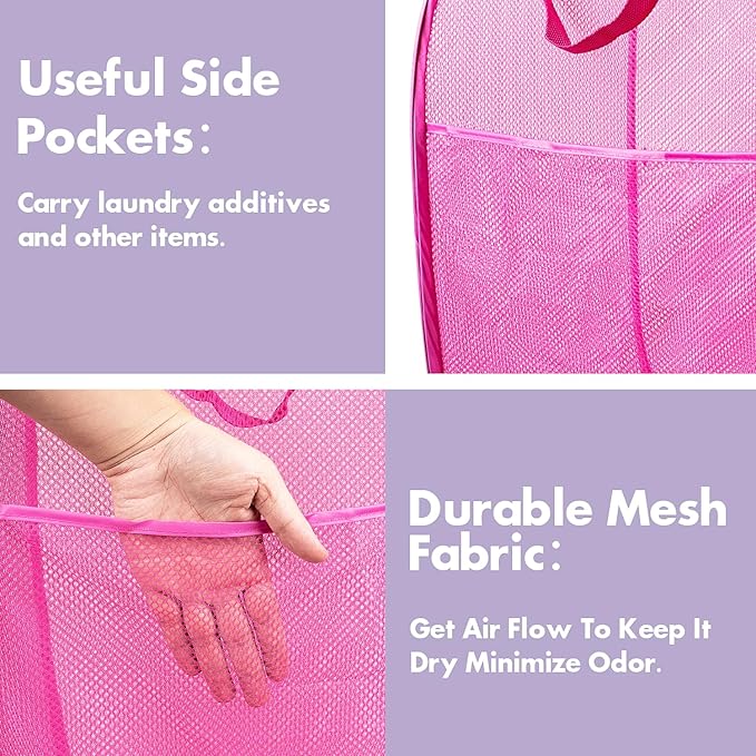 DUCOO Pop Up Laundry Hamper, 70L Collapsible Mesh Laundry Basket with Side Pocket, Foldable Dirty Clothes Hamper with Sturdy Reinforced Handles for Home Dorm Bedroom Travel Bathroom Storage, Pink