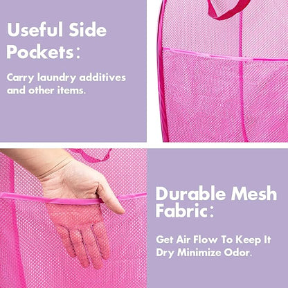 DUCOO Pop Up Laundry Hamper, 70L Collapsible Mesh Laundry Basket with Side Pocket, Foldable Dirty Clothes Hamper with Sturdy Reinforced Handles for Home Dorm Bedroom Travel Bathroom Storage, Pink
