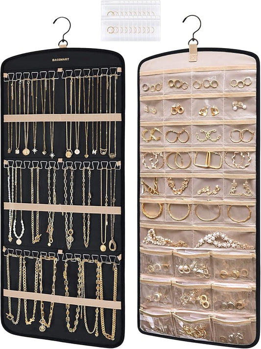 BAGSMART Hanging Jewelry Organizer, Necklace Holder Anti-tangle Earrings Rings Hanger with 20 Jewelry Bags Travel Storage Roll with Pockets Hang on Closet, Wall, Door,1 Piece, Large, Black