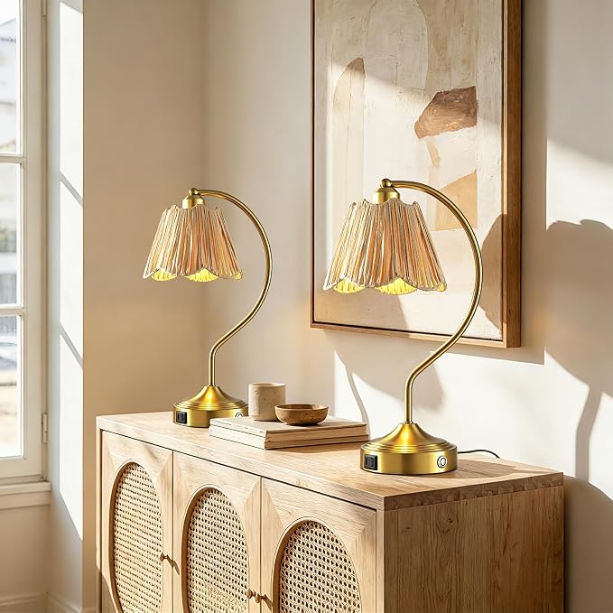 Set of 2 Boho Rattan Small Touch Table Lamps with USB C+A Ports | Bedroom Farmhouse Lamp and Retro Rattan Shade for Living Room Entryway Office, LED Bulbs Included