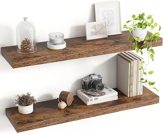 Acovy 30 Inch Floating Shelves, 8 Inch Deep Floating Shelves for Wall, Hanging Shelf with Invisible Brackets, Deep Shelves for Bathroom, Bedroom, Living Room, Brown, Set of 2