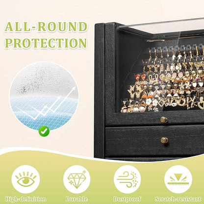 Jewelry Box Organizer, Rustic Wooden Jewelry Boxes for Women Girls, Large Storage Earring Holder Organizer Display for Earrings Necklaces Rings Bracelets (Black)