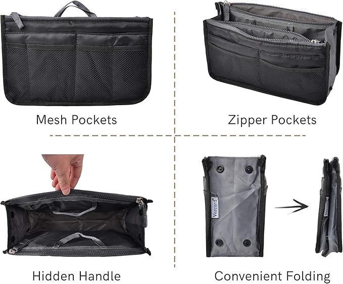 Vercord Purse Organizer Insert for Handbags Bag Organizers Inside Tote Pocketbook Women Nurse Nylon 13 Pockets Black Large