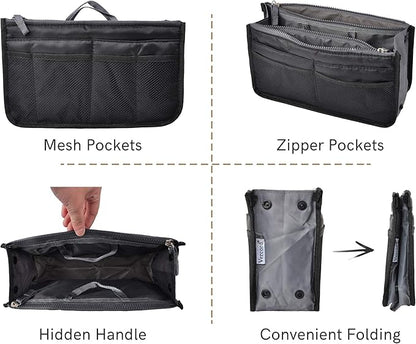 Vercord Purse Organizer Insert for Handbags Bag Organizers Inside Tote Pocketbook Women Nurse Nylon 13 Pockets Black Small
