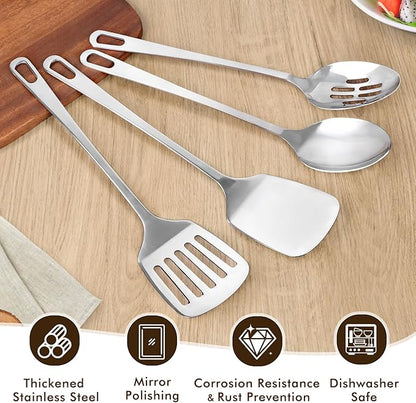 4 Pcs Cooking Utensils Set, Stainless Steel Kitchen Utensils, Heat Resistant Metal Kitchen Tools Include Slotted Turner Wok Spatula, Solid & Slotted Serving Spoon, Ladle, Easy to Clean, Silver