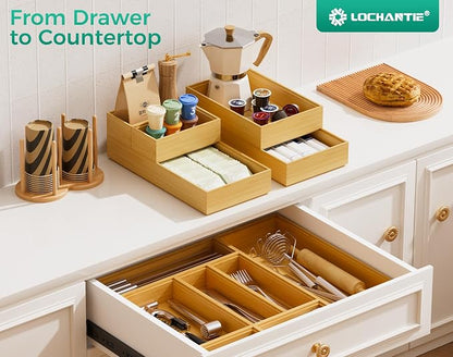 Small Bamboo Kitchen Drawer Organizer Boxes – 6" x 3" Stackable Wood Silverware Utensil Tray for Drawers Bins Cutlery & Flatware Storage – Wooden Organizers Set of 2 for Junk Drawer, Bathroom, Rv