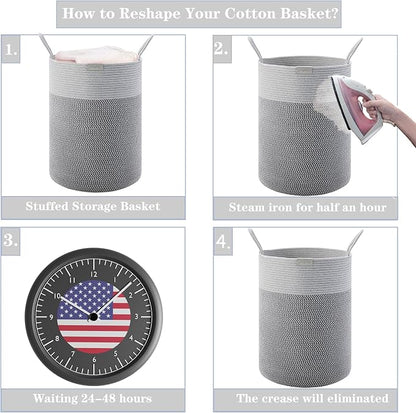 80L Extra Large Grey Laundry Hamper Basket, Tall Woven Hamper for Bedroom, Cotton Rope Laundry Basket for Clothes, 16x22 Inches