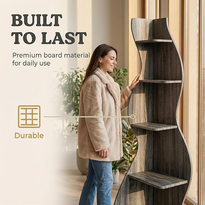 Arvolia 70 Inch Corner Shelf Stylish Design,Modern 5-Tier Wall Corner Bookshelf,Stylish Corner Small Bookcase Storage Rack Plant Stand with Unique Shape for Home Office (Gray)