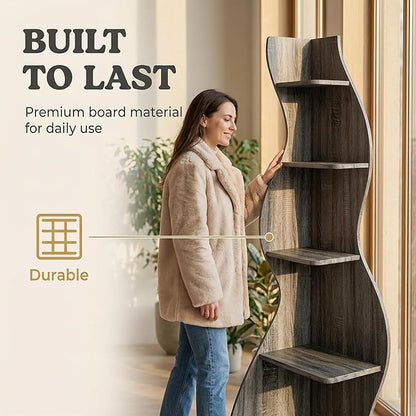 Arvolia 70 Inch Corner Shelf Stylish Design,Modern 5-Tier Wall Corner Bookshelf,Stylish Corner Small Bookcase Storage Rack Plant Stand with Unique Shape for Home Office (Gray)