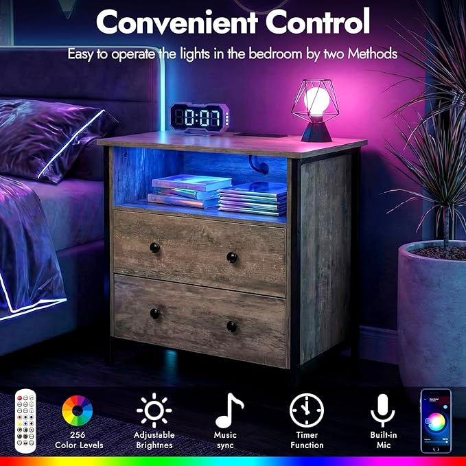 27 Inch Wide Night Stand, Large Wood Night Stand with 2 Drawers, LED Nightstand with Charging Station and Adjustable Drawer, Bedside Table for Living Room/Bedroom/Study/Office, Gray.