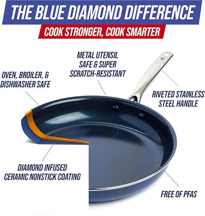 Blue Diamond Ceramic Nonstick 14" Frying Pan Skillet, PFAS-Free Cookware, Jumbo Cooker with Helper Handle, For Large & Family Sized Meals, Dishwasher & Oven Safe, Blue