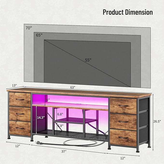Furologee LED TV Stand for 65, 70 Inch TV, 63 Inch Entertainment Center with Power Outlets, 6 Fabric Drawers Dresser for Bedroom, Media Console with Open Shelves, Rustic Brown