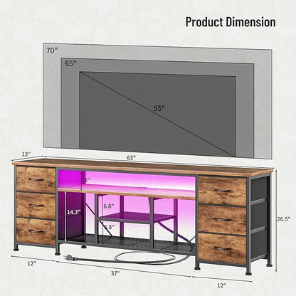 Furologee LED TV Stand for 65, 70 Inch TV, 63 Inch Entertainment Center with Power Outlets, 6 Fabric Drawers Dresser for Bedroom, Media Console with Open Shelves, Rustic Brown