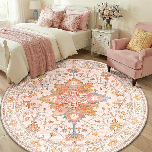 RELEANY Area Rugs Round 6ft Washable Non-Slip, Floral Vintage Distress Medallion Carpet for Living Room Bedroom Dining Room, Light Pink Colorful