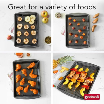 GoodCook 15” x 10.5” Nonstick Carbon Steel Baking Pan & Raised Wire Rack – Pizza Crisper,Crispy Bacon,Multipurpose Cooking Sheet Pan,Cooling Rack,Kitchen Cookware Set,Dishwasher Safe,(Pack of 12)