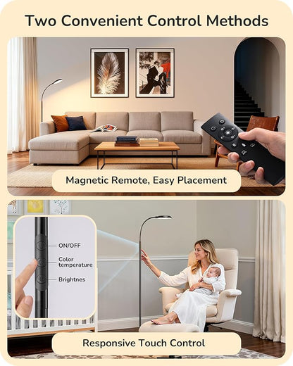 EDISHINE LED Floor Lamp, 1300LM Super Bright Reading Floor Lamps for Living Room, Dimmable 4 Color Temperature Standing Lamp, Remote & Touch Control, Adjustable Gooseneck Lamp for Bedroom Office Black