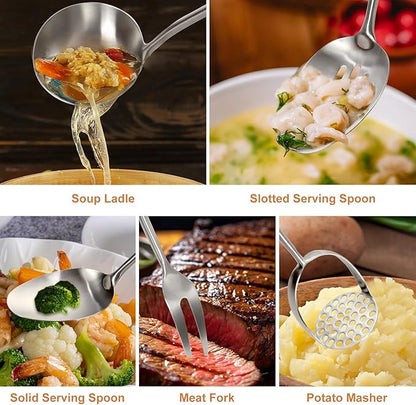 304 Stainless Steel Cooking Utensils Set, 12 Pcs Long Stainless Steel Kitchen Utensils Set, Metal Cooking Utensils Set with Potato Masher, Spoon, Ladle, Skimmer, Pasta Server etc(Dishwasher Safe)