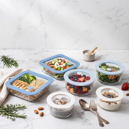 Urban Green Glass Food Container Set with Silicone Glass Lid, Square & Round Shape, 6 Pack, Airtight, LeakProof, 100% Plastic Free, Meal Prep Food Storage Containers, Blue & White Color