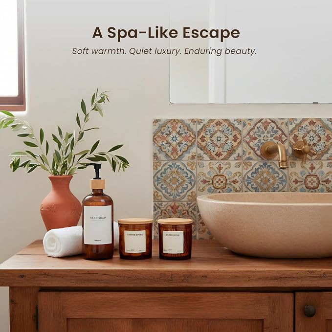 Maisonovo Glass Bathroom Containers with Lids (Airtight) - Qtip Holder - Apothecary Jars for Cotton Rounds, Swabs, Balls - Amber Bamboo Q Tip Dispenser - 2 pc Bathroom Canisters Set for Organization