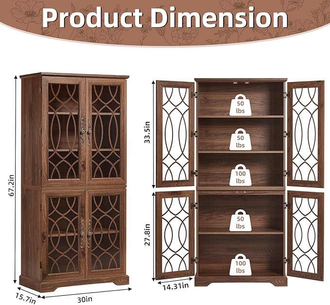 67" Tall Pantry Cabinet Set of 3, Vintage Kitchen Pantries Cabinets with Glass Doors & Adjustable Shelves, Wood Cupboard with Large Storage for Dingning Room, Bathroom, Brown