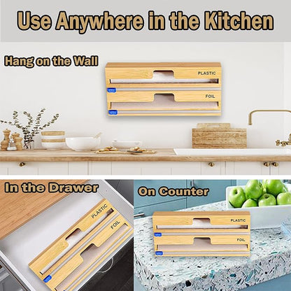 Foil and Plastic Wrap Organizer with Kitchen Aluminum Foil Holder, Cling Plastic Wrap Dispenser with Cutter and Labels, Bamboo Kitchen Wrap Organizer (2 in 1)