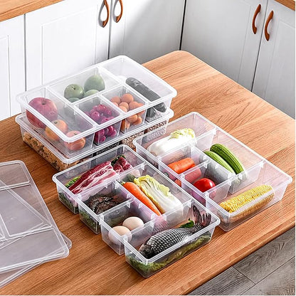 MANO 2 Pack Divided Veggie Tray with Lid - 5 Compartment Clear Snack Containers for Fridge, Stackable Produce Saver Storage for Fruits, Vegetables, Meat & Fish