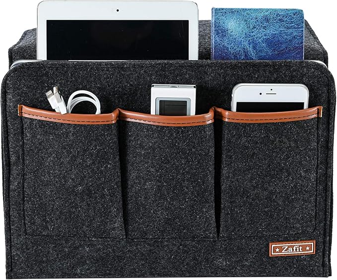 Zafit Bedside Caddy, Large Size Storage Organizer with 6 Pockets for Magazine, Remotes, Phone (13.4'' x 18.1'', Dark Grey)
