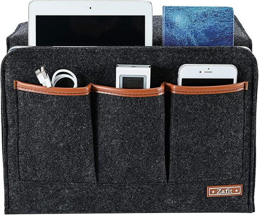 Zafit Bedside Caddy, Large Size Storage Organizer with 6 Pockets for Magazine, Remotes, Phone (13.4'' x 18.1'', Dark Grey)