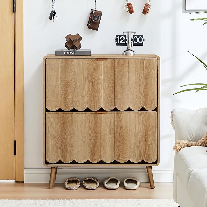 ORRD Shoe Storage Cabinet for Entryway with 2 Flip Drawers Set of 2, Freestanding Narrow Wood Shoe Cabinet with Wave Panel, Hidden Shoe Organizer for Foyer, Hallway (Natural)
