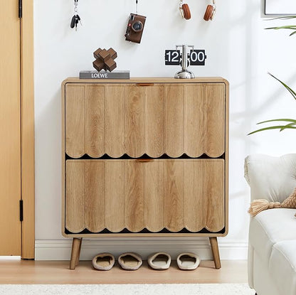 ORRD Shoe Storage Cabinet for Entryway with 2 Flip Drawers Set of 2, Freestanding Narrow Wood Shoe Cabinet with Wave Panel, Hidden Shoe Organizer for Foyer, Hallway (Natural)