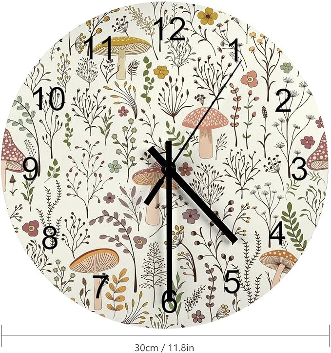 Botanical Wood Wall Clock, Colorful Mushroom Floral Green Leaves Boho Plants Pattern Botanical 12 Inch Silent Non-Ticking Battery Operated Round Clock for Bedroom Living Room Office Kitchen Decor