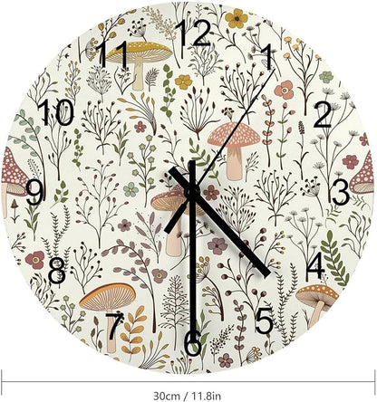 Botanical Wood Wall Clock, Colorful Mushroom Floral Green Leaves Boho Plants Pattern Botanical 12 Inch Silent Non-Ticking Battery Operated Round Clock for Bedroom Living Room Office Kitchen Decor