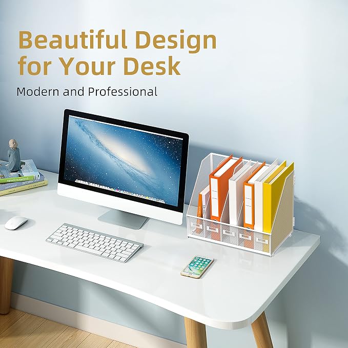 DALTACK Desk Organizers Metal Magazine File Holder with 5 Vertical Compartments Folder Storage Binder Organizer for Office Home School Organization, White Plus