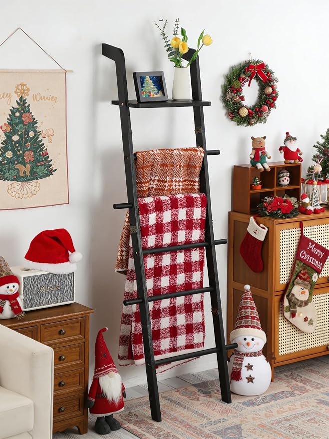 Black Blanket Ladder with Top Shelf for the Living Room - 67in Decorative Wooden Blanket Holder, 5 Tier with Side Hooks for Hanging - Rustic Farmhouse Towel Ladder Throw Rack for Organizer and Display