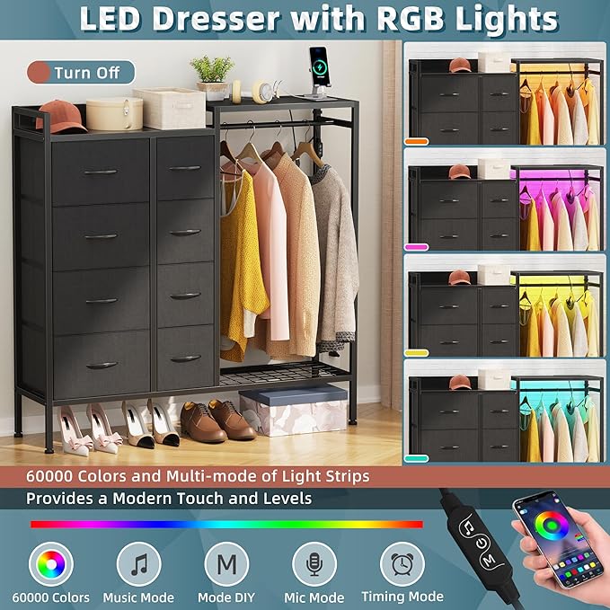 Dresser with Hanging Rack, 8-Drawer Dresser for Bedroom with Charging Station & LED Lights, Kids Dressers with Shoe Rack, Chest of Drawers with Wooden Top for Bedroom, Kids Room, Black, 11.8"D