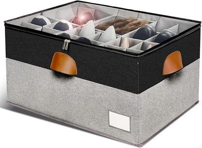Shoe Organizer for Closet, Foldable Shoe Storage Bins with Clear Cover, Space Saving Shoes Holder with 4 Handles, Large Adjustable Shoe Box Storage Containers, Fits 12-24 Pairs, 1 Pack, Black