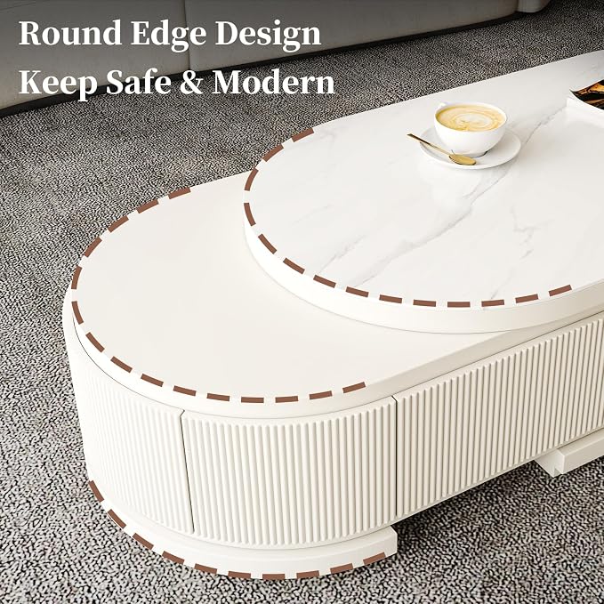 Modern Marble Coffee Table with Storage Drawers, Extendable Solid Wood Coffee Tables for Living Room, Fully Assembled Fluted Oval Center Table, No Installation Needed, White Finish
