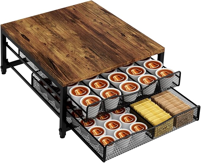 VyGrow Coffee Pod Holder For Counter, Wooden K Cup Holder with Double Layer Sliding Drawer, Large Capacity Coffee Pod Storage for Coffee Station, Home, Office, Kitchen